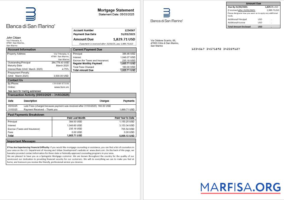 Printable San Marino Banca di San Marino mortgage statement in Word and PDF formats example